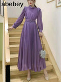 New Spring Summer Temperament half high collar long sleeve Dress high waist lace up waist mid-length A-line Pleated