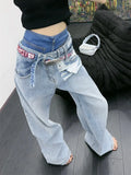 Hole Hollow Out Denim Pant For Women High Waist Patchwork Belt Loose Streetwear Wide Leg Pants Female Spring