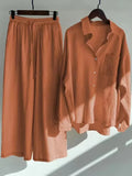 Linen Shirts Wide Leg Elastic Waist Pants Women Casual Sets Elegant Loose Long Sleeve Lapel 2023 Autumn Shirt Y2k Suit-Outfit