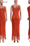 Solid Crochet Knitted Beach Cover Up Dress Tunic Summer Spaghetti Strap Tassels Hollow See Through Bikini Swimwear