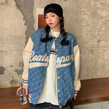 Women's Bomber Jacket Embroidery Printing Patchwork Plaid Baseball Uniform Ladies Fashion Loose Streetwear Tooling Couple