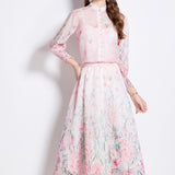 Women's Clothing Two Sets Of Famous Temperament Lantern Cuffs Buckle On The Body Of High-Waist Printing Net Yarn