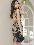 Han Queen Summer Bow Backless Sexy Dresses Women Print Sheath Pencil Dress Fashion Slim Party Sleeveless Bodycon Dresses-Outfit