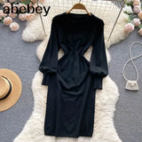 Women Autumn French Knitted Dress O Neck Long Sleeve Sheath Dress Office Lady Fashion Solid Mid Long Sweater