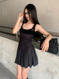 Black Pleated Strap Mini Dress-Outfit