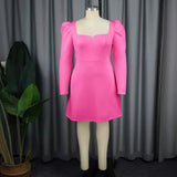 Elegant Square Collar Long Sleeve Dress Banquet Party Bareback Bow Dress Dresses
