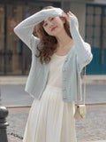 French Gentle Cream Blue Knitted Cardigan Women's 2024 Spring And Autumn V-Neck Loose Short Blouse-Outfit