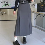 Korean Style High Waist Long Skirts Women Double Belt Preppy Midi Skirts Woman 2023 Black Gray Y2K Pleated A Line