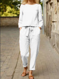 Women's Fashion Solid Color Casual Pocket Two-piece Simple Retro Elastic