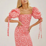 Toloer Women's Wear 2023 New Summer Holiday Style Dress Floral Bubble Sleeve One Word Collar Slim Fashion Dress-Outfit