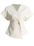 Toloer Commuter Wind 2024 New V Neck Short Sleeve Waist A Button Door Skirt Asymmetric Thin Pure Color Vest Woman-Outfit