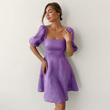 Women's New Temperament Square Collar Short Sleeve High Waist Thin Dress