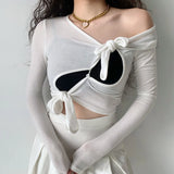Korean Sexy Slim T-shirt Long Sleeve Hollow Out Chic Design Crop Top Lace-up Women Irregular Tee Shirt Japanese