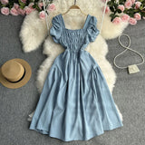 Toloer Vacation Wind French Retro Square Collar Waist Dress Female Summer Design Sense Bubble Short Sleeve Fairy