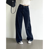 Women's Casual Water Wash Straight Leg Jeans Loose Thread Striking Denim