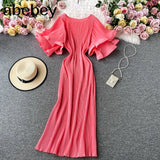 Elegant Women French Style Platycodon Grandiflorum Fairy Ruffled Flare Sleeve Pleated Solid Long Dresses