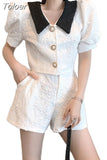Fahsion Shorts Set Women 2023 New Summer Pearl Buttons Lapel Puff Sleeve Short Shirt And Wide Leg Shorts Two-Piece
