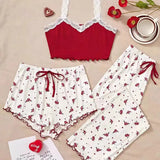 New Peach Hearted Pajamas Women's Spring And Summer Sweet And Cute Three-Piece Set Of Hanging Trousers Short Sexy