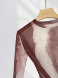 Toloer Waist Pleated Mesh Long Sleeve T Shirt Women's Thin Perspective Dizzy Dye Sunscreen Smock Hot Hot Hot Girl Top