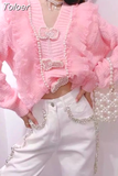Women Sweater Fashion Patchwork Lace Ruffles Knit Cardigan Korean Beading Pink Y2K Tops 2023 Autumn Woman Swaters