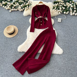 Goods Fashionable Wearing A Famous Man's High-Level Feeling Strapped With A Waist Suit Collar Long-Sleeved Knitted Top High Waist Broad Leg