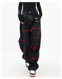 and autumn plus size women embroidered straight jeans loose slim high waist floor mopping wide leg pants baggy jeans-Outfit