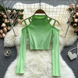 Women Korean Knitted Blouse Design Hollow Off Shoulder Long Sleeve Slim Tops Autumn Fashion Streetwear Short