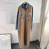 2025 New Cowboy Splicing Knitted Two-Piece Collar Dress Flower Nails Decorated Long Dress