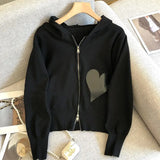 Love Applique Casual Zip Up Knitted Cardigan Women Spring Fashion Hooded Cropped Sweater Korean Long Sleeve Knitwear