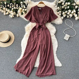 V Neck Jumpsuits Summer Female Irregular Casual Rompers Women Wide leg Summer Overalls
