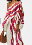 Set Chic Print Lantern Sleeve Two Piece Sets Satin Top Wide Leg Pant Suit Women Off Shoulder Long Sleeve Office Lady Outfit-Outfit