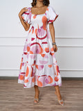New Temperament Collar Print Pony Dress Bubble Sleeve Dress