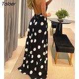 Women's Clothing Spring Summer Polka Dot Print Halter Backless Ruched Maxi Dress Elegant Party Wedding Sleeveless