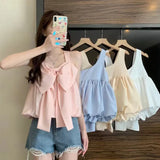 Bow Camis Women Summer Fashion Solid Ruffles Casual Crop Tops Female Korean Chic Sleeveless Holiday All-match Tanks New-Outfit