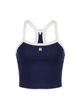 Blue Retro Letter Embroidery Slim Fit Cami Crop
