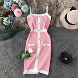 Color Striped Tight Stretchy Knit Tank Dress Single Breasted Buttons Ladies Party Sexy Body-con Step Knit