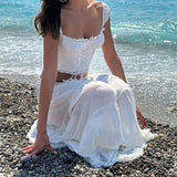 White Lace Tie-Up Top And Maxi Skirt Set-Outfit