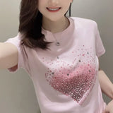 Women's Clothing Pullover Round Neck Short Sleeve Geometric Rhinestone Letter Printing T-shirt Trendy Minimalist Tops-Outfit