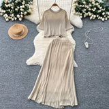 Dress A Complete Set Of Women's Han Yen-Down Short-Sleeved Knitting Blouse High Waist Slim Half Body Skirt Two