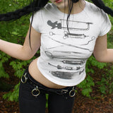 College Style Street Sweetheart Hot Girl Round Collar Shows Thin Casual Simple Printed Short T-Shirt-Outfit