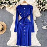 Women Knitted Pencil Dress Korean Long Sleeve Elastic Slim Dress Autumn Winter Sexy Bodycon Warm Sweater