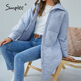 Simplee Elegant loose plaid pocket women's parka blue Office split lapel ladies long coat winter Casual za fashion quilted