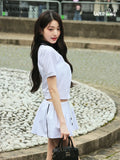 Girl Skirt Set Spring/Summer Academy Style Short Sleeve White Polo Neck Shirt Half Skirt Two Piece Set Women Outfits-Outfit