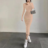 Sleeve Black Knit Dress Autumn winter Tight Cutout Sexy Slit Midi Dress 2000s Long Maxi Womens Dresses New Arrival