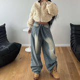 Toloer Wash Water Waist Pleated Foundation Casual Jeans Street New Loose Show Thin All Go With Wide Leg Trousers-Outfit