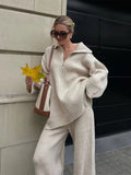 Simple High-End Solid Color Set Women's Autumn And Winter Half Zipper Sweater Knit Straight Trousers Two