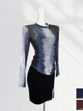 Toloer Waist Pleated Mesh Long Sleeve T Shirt Women's Thin Perspective Dizzy Dye Sunscreen Smock Hot Hot Hot Girl Top