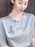 Chinese Style Disc Button Retro Women's Dress Imitation Silk Short-Sleeved T-Shirt Summer Imitation Mulberry Silk Shirt-Outfit