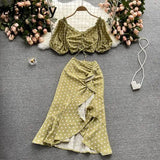Women Summer Korean Dot Vacation Set Elastic Ruched Puff Sleeve Short Tops+Irregular Ruffle Long Skirt Two Piece