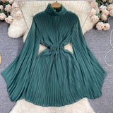 Toloer Of Pleated Horn Sleeve High Collar Dress Female Spring And Summer French Light Luxury Minority Design Sense Of Waist Chiffon